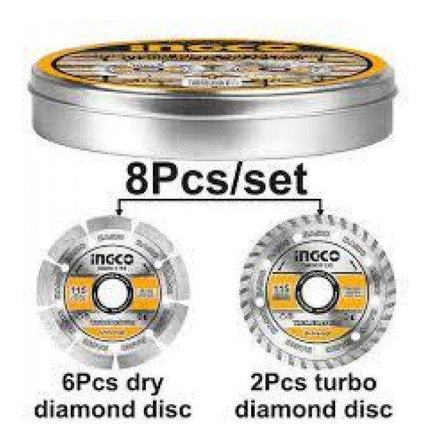 Set Lata Con 8 Discos De Widia Diamantado 115mm 41/2 Ingco 1
