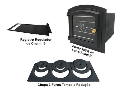 Forno Ferro Fundido Fogão Lenha + Chapa 3 Furos + Regulador 1