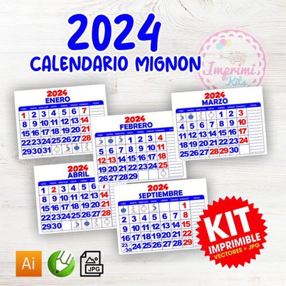 Calendarios Mignon 2024 Kit Imprimible Vectores Pdf + Jpg 1