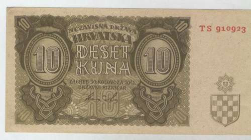 Billete De Croacia Segunda Guerra Mundial 10 K. Sin Circular 0