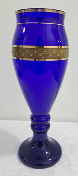 Antiguo Jarron Florero Cristal Checoslovaco Azul Dorado B35 1