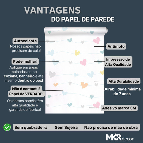 Papel Adesivo Infantil Lavável Corações Coloridos Quarto 9m 1