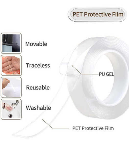 Cinta Adhesiva De 1 Metros Doble Faz Transparente Lavable 1