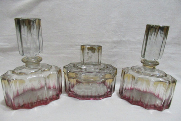 Antiguo Juego Tocador Vidrio Czech 3 Piezas Botellas Perfume 0