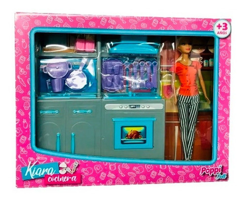 Muñeca Kiara Cocinera C/ Set De Cocina + Alacena Accesorios 0