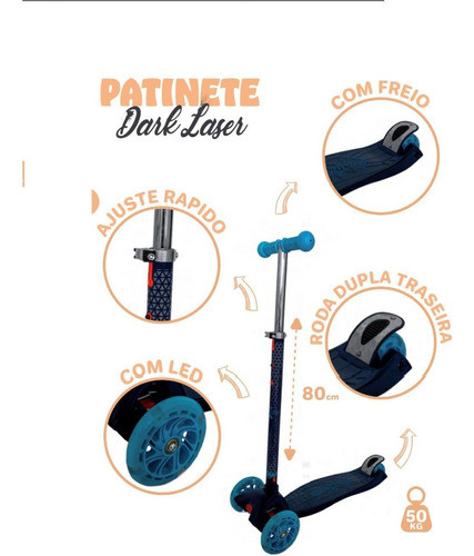 Patinete Dark Infantil 3 Rodas Com Led E Freio 50kg 1