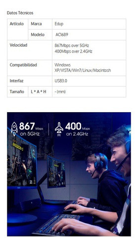 Adaptador Wifi Edup Ac1689 1300mb 1