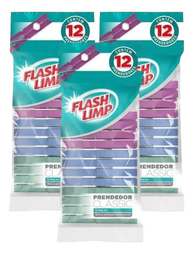 Kit 3 Prendedor De Roupa Plastico C/12 Flash Limp Atacado 0