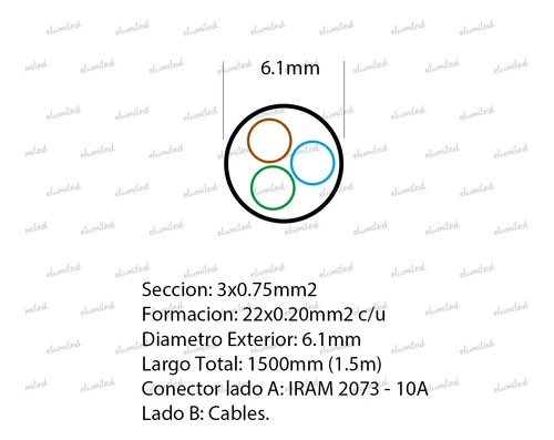 3 Cables Monoblock 3 Patas X 0.75mm 1.5m Iram 2073 Negro 1