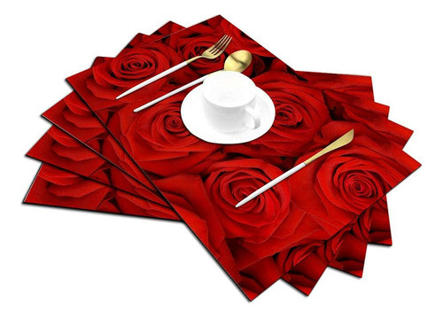 Juego De Manteles Individuales De Rosa Roja De 4, Hermosos M 1