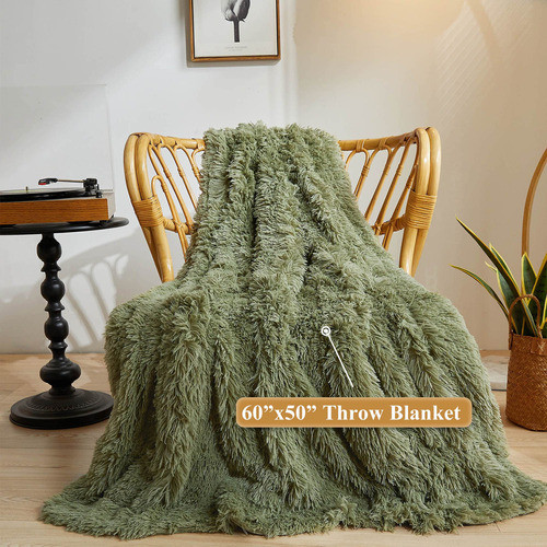 Xege Luxury Faux Fur Throw Blanket, Sage Green Soft 50x60 Fl 1