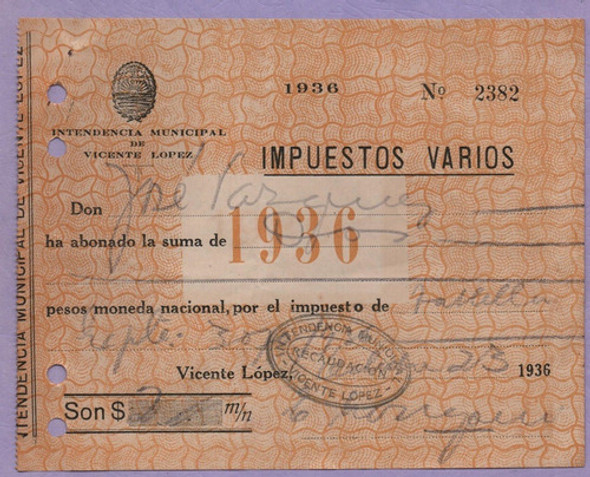 Antiguo Recibo De Impuestos Varios De Vicente López 0