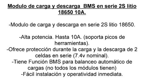 Modulo Carga Desc 10a 2s Celdas Li Ion 18650 7.4v 8.4v Emn 1