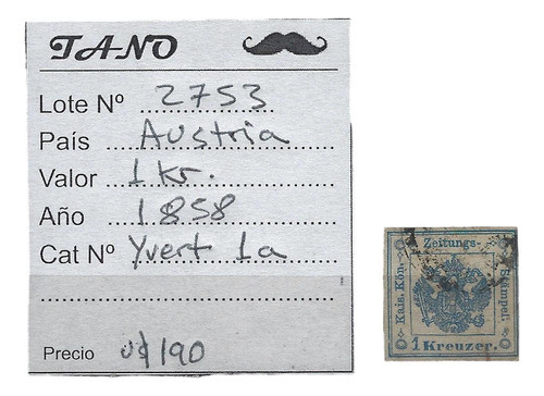Lote2753 Austria 1 Kreuzer Año 1858 Yvert# 1a Tipo 1 Raro 0