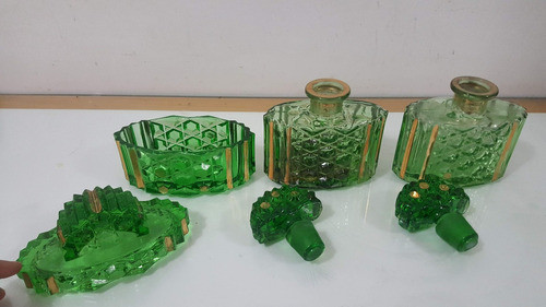 Antiguo Perfumeros Polvera Despojador Cristal Tallado Set Gd 0