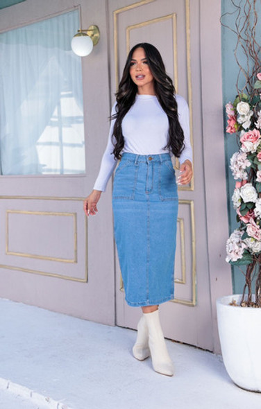 Saia Jeansfeminina Midi Com Fenda Atrás Evangélica Blogueira 1