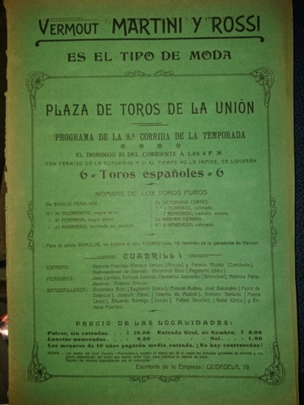 Programa Corrida Plaza De Toros De La Unión 1910 0