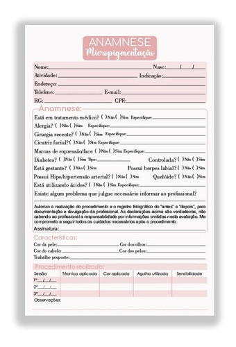 Ficha Anamnese 15x21 Para Micro Pigmentação 0