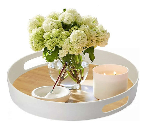 Bandeja Decorativa Redonda De Bambu 30 Cm Blanca Con Manijas 0