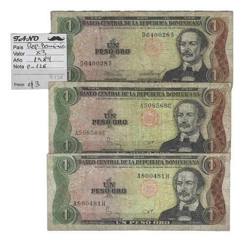 B130 Lote De 3 Billetes De Republica Dominicana 1984 P-126 0