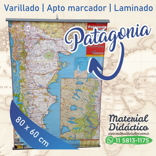 Mapa Patagonia 80x60cm Para Colgar - Laminado Y Varillado 1