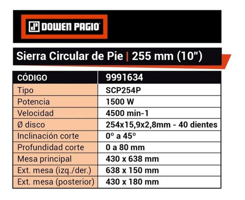 Sierra Circular De Pie Dowen Pagio Mesa Banco 1500w 254 Mm 1