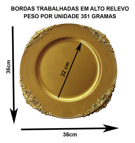Kit Com 04 Peças Sousplat Dourado Vintage 36cm Arabesco Luxo 1