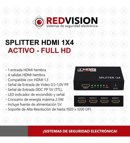 Splitter Derivador De Señal Activo Hdmi 1 A 4 Full Hd 1080p 1