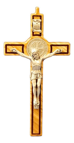 Cruz Madera De Olivo Cristo  Y San Benito En Metal -italiana 0