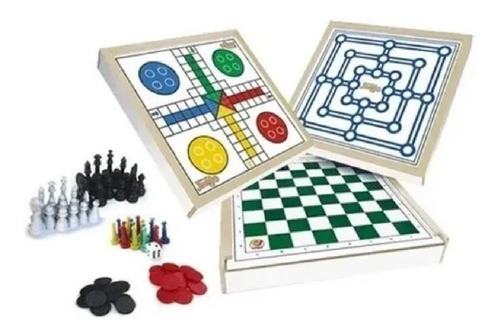 Conjunto 4x1 Jogos Tabuleiro Xadrez, Damas, Trilha Ludo 0