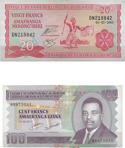 B208 Burundi X 2 Billetes 20 Y 100 Francos P-27 Y P-44 0