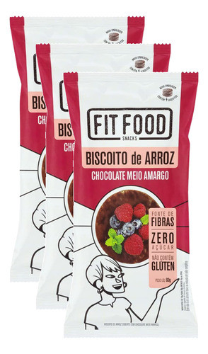 3 Biscoito Arroz Chocolate Amargo Zero Açúcar Fit Food 60g 0