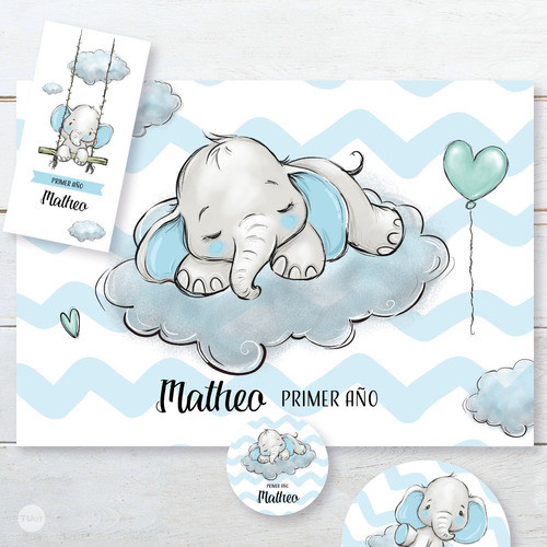 Kit Imprimible Elefante Celeste Acuarela Tukit 1