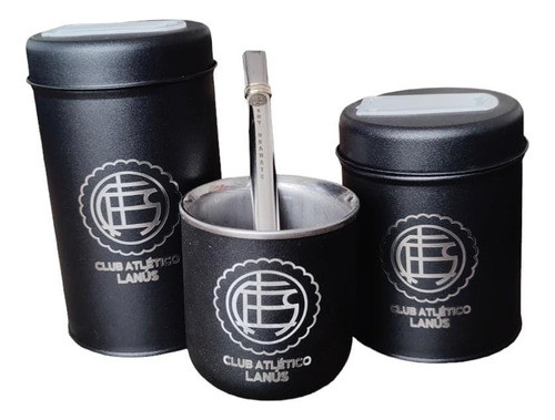 Set Grabado Lanús - Mate Acero Yerbera Azucarera Bombilla 0