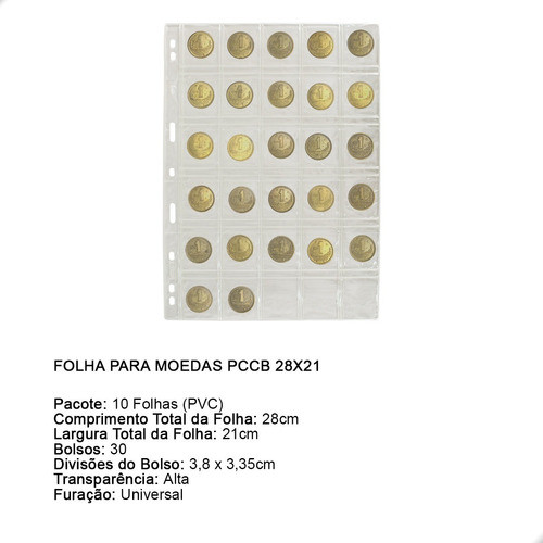 10 Folhas Plastico Moedas 30 Divisões Pccb/mingt Com Aba 1