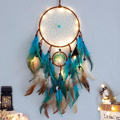 Dream Catcher Árbol Azul De La Vida Con Plumas, Luces De Had 0