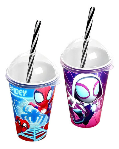 Kit 2 Copos Homem Aranha Spidey 280ml Com Tampa E Canudo 0