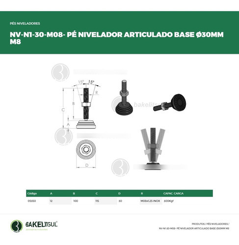 Pé Nivelador Articulado Base 30 M8x100 Inox (04 Peças) 1