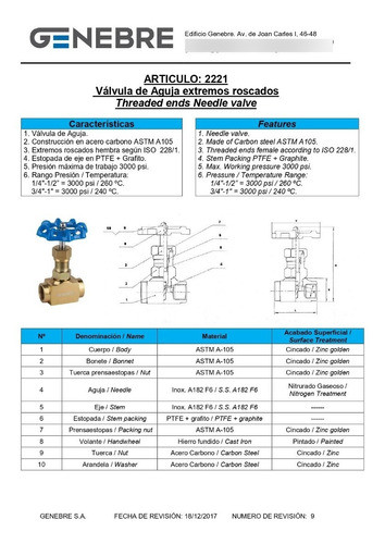 Válvula Aguja 3000lbs Rosca H- H A105 3/4ø Genebre 2221 05 1