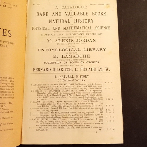 Catálogo Antíguo Libros Entomología Jordan Lamarche 1903 1
