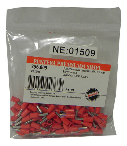 Puntera Tubular 1,00mm Rojo Largo 6mm(x100u) Zoloda 0