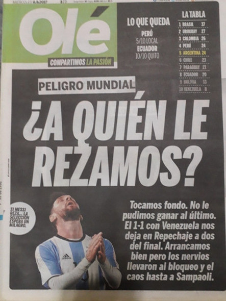 Diario Ole 6 Septiembre 2017 Argentina 1 Venezuela 1 Messi 0