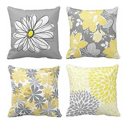 Emvency Set De 4 Fundas De Almohada Gris Y Amarillo Margarit 0