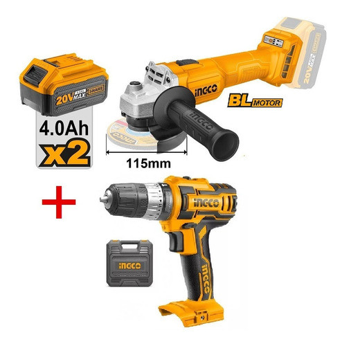 Kit Amoladora Ingco 20v + Taladro 20v. 2 Bat 4.0ah. Hnt 1