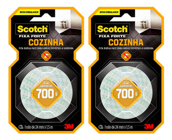 Kit2 Fita Dupla Face Scotch Fixa Forte Cozinha 24x1,5 3m 1kg 0