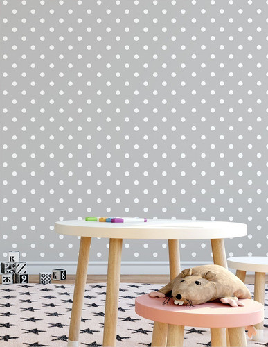 Papel De Parede Poa Com Bolinhas Branca E Fundo Cinza 3,0m 0