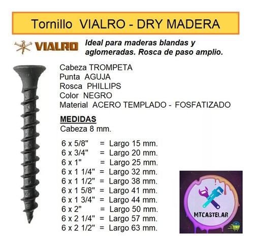 Tornillo Drywall Punta Aguja 6 X 1 1/4 (caja X 200 U) Vialro 1