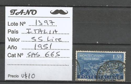 Lote1397 Italia 55 Liras Año 1951 Sas# 665 Montecassino 1