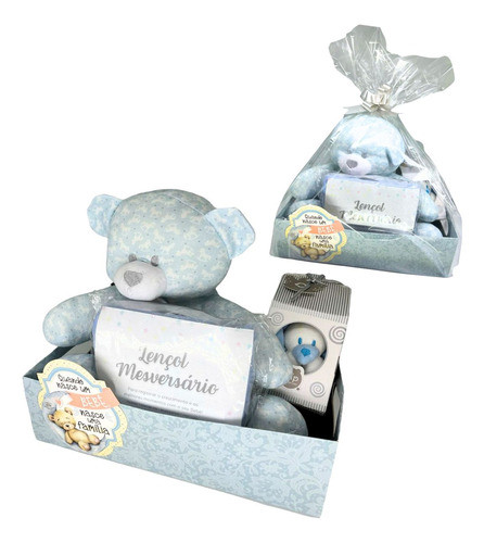 Cesta Chá De Bebê Lençol Mesversário Pelúcia Naninha Urso Az 1