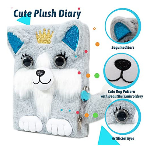 Diario Intimo Con Candado Peluche 64 Hojas - Perro Gris 1